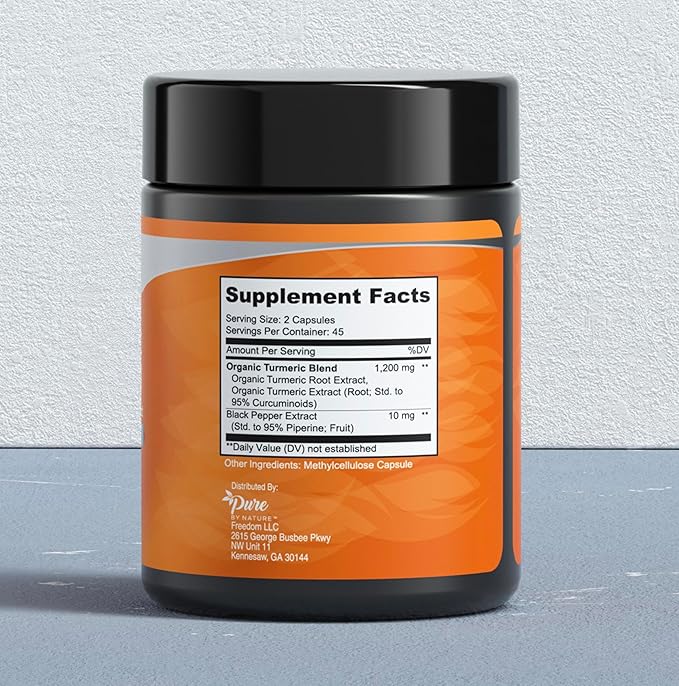 Pure By Nature Turmeric Curcumin Supplement with Black Pepper Extract - 95% Curcuminoids Turmeric Supplement Organic High Absorption Antioxidant Support for Joint Immune Health – 1200mg/Serving (90)
