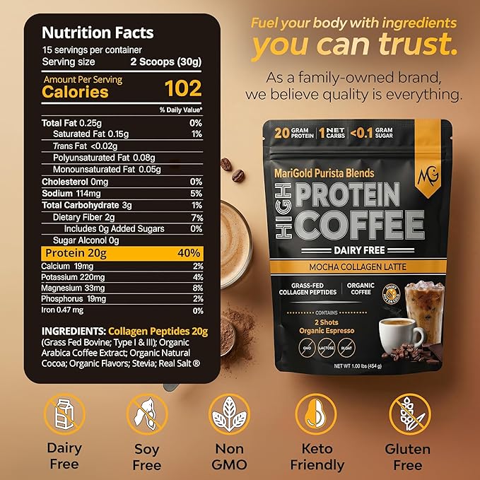 MariGold High Protein Collagen Coffee - Mocha Collagen Latte Dairy Free 20g Grass-Fed Type I &amp III Collagen Peptides Energy Boost 2 Shots Organic Espresso Non-GMO 1 Lb Bag 15 Servings