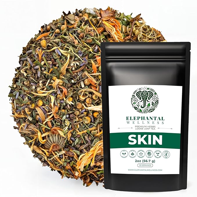 Elephantal Wellness Premium Skin Herbal Tea | Radiance &amp Clarity Support with Burdock Dandelion Calendula &amp Lavender | Non-GMO Caffeine-Free Handmade Loose Leaf Blend 2oz Loose Leaf 20 S
