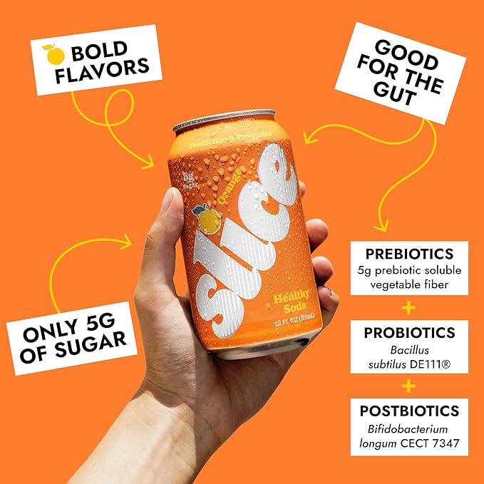 Slice Healthy Soda Orange Prebiotic &amp Probiotic Soda Pop 5g Fiber 40 calories 12 fl oz 12 Pack