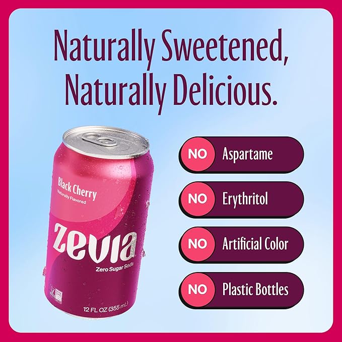 Zevia Zero Calorie Soda Black Cherry 12 Ounce Cans (Pack of 20)