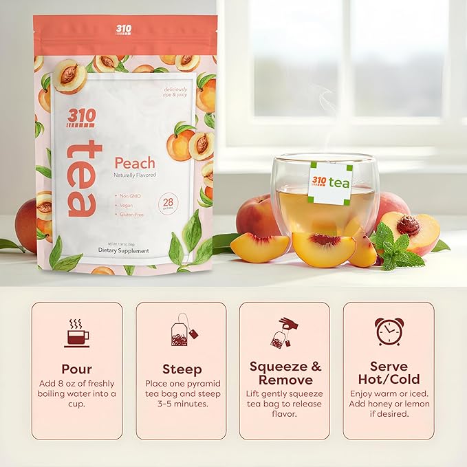 310 Nutrition Peach Flavor Detox Tea – Herbal Tea Sachets for Daily Routine – Green Tea Oolong Blend with Rooibos Yerba Mate – Fruity Herbal Tea Without Sugar Stevia-Sweetened – Pyramid Tea Bags Peac