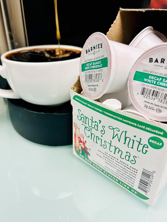 BARNIE'S COFFEE TEA CO. Single Serve K cups for Keurig Brewers Medium Roast Arabica Coffe Beans Decaf Santa's White Christmas 22 Count