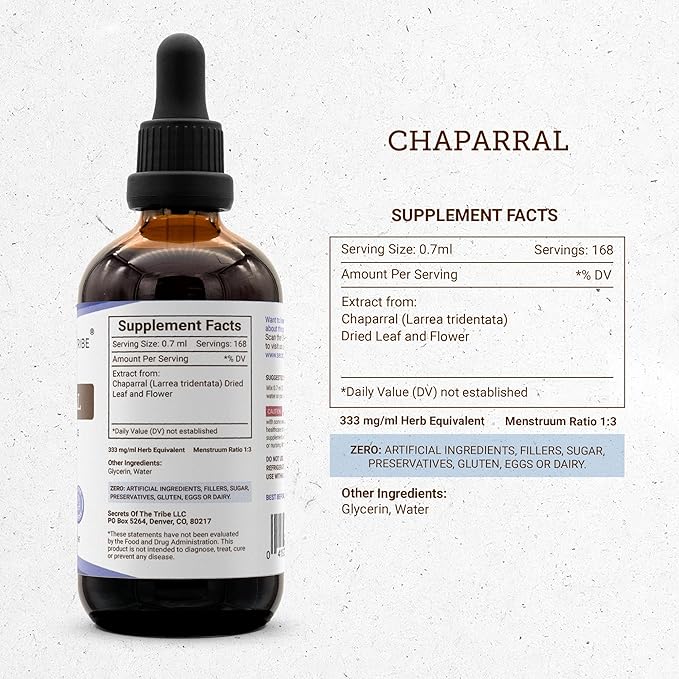 Secrets of the Tribe Chaparral Alcohol-Free Liquid Extract Chaparral (Larrea tridentata) Dried Leaf and Flower Tincture Supplement (4 FL OZ)