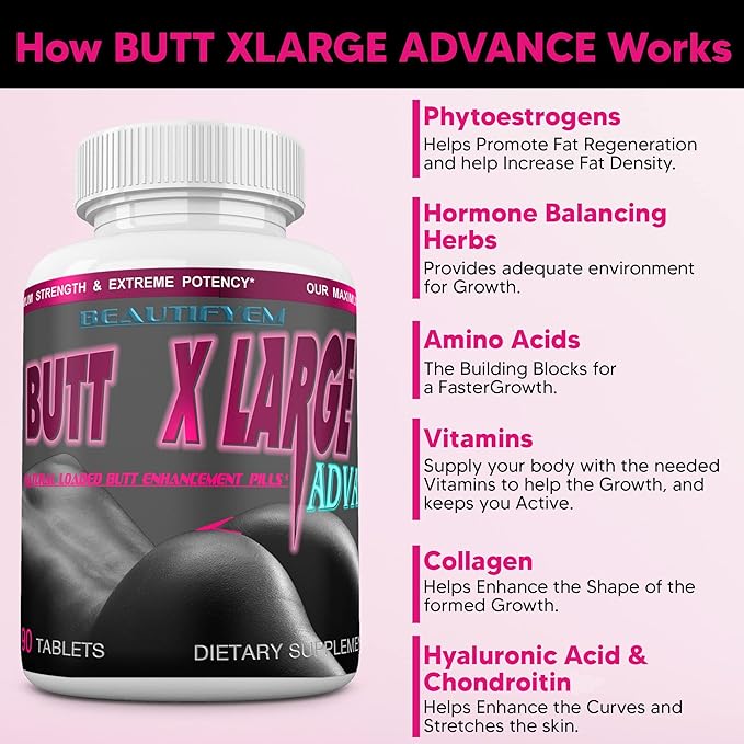 Butt X-Large Advance Butt Enlargement Booty Enhancement. Butt Enhancer Pills. Fast Curved Bigger Glutes. 90 Tablets (Not a Butt Cream)