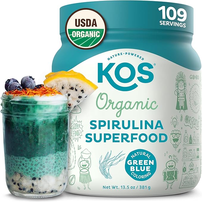 KOS Organic Spirulina Powder - USDA Certified Organic 109 Servings of Superfood Powder for Smoothies &amp Juices Non-Irradiated Blue Green Algae Plant Based with Antioxidants Vegan (13.5oz)