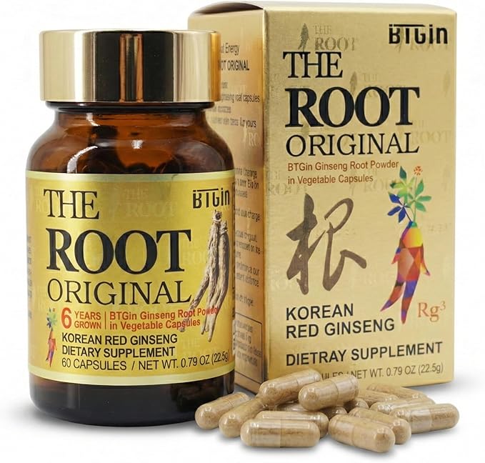 The Root Original Korean Red Panax Ginseng Supplement - 100% Whole Fine Root Powder with Natural Fiber &amp Minerals - Caffeine Free Stamina Wellness &amp Immunity Support - 60 Capsules