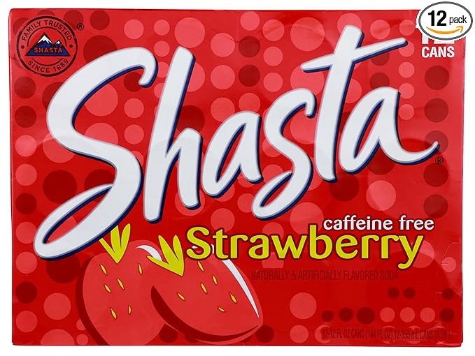 Shasta Strawberry Soda | Bold Ripe Strawberry Flavor | Caffeine-Free Soft Drink | 12-Pack of 12oz Cans | Sweet Fruity and Bursting with Classic Bubbly Fun