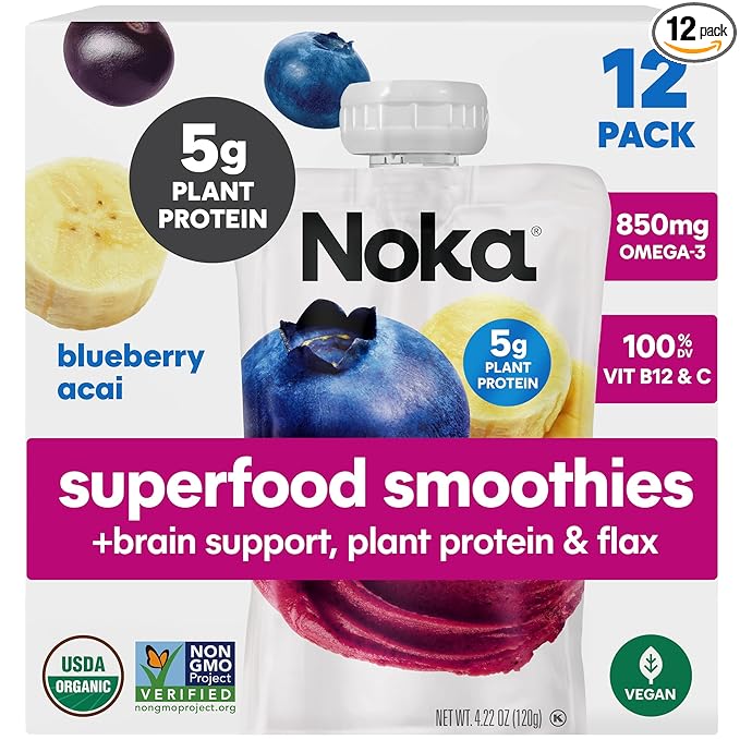 Noka Superfood Fruit Smoothie Pouches Ready to Drink with Brain Support Healthy Snacks w/ 850mg Omega-3 Flax Seed Plant Protein Vegan Gluten Free Organic Fruit Squeeze Pouch Blueberry Acai 4.22 oz 12