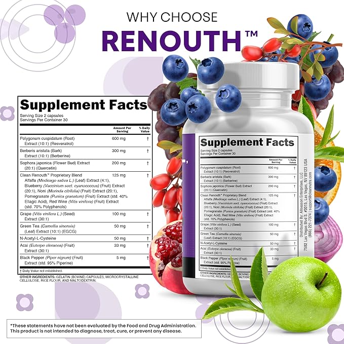 Clean Resveratrol Supplement | Berberine Grape Seed Extract Quercetin Green Tea Extract Acai Noni Polyphenol Supplement for Women &amp Men N-Acetyl Cysteine