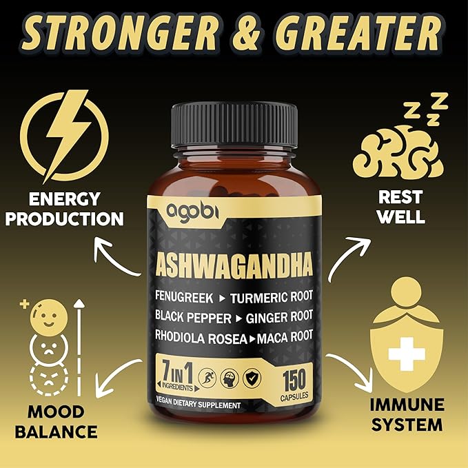 Ashwagandha Extract Capsules 7 Herbal Ingredients 8050 mg - Blended Fenugreek Maca Turmeric Rhodiola Ginger &amp Black Pepper - Sleep Spirit Immune &amp Energy Support - 5-Month Supply