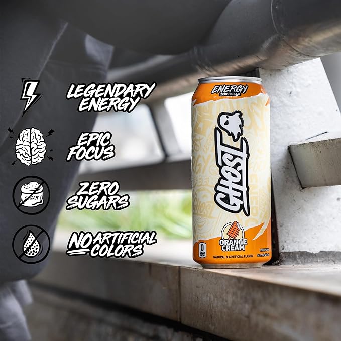 GHOST Energy Drink - 12-Pack Orange Cream 16oz Cans - Energy &amp Focus &amp No Artificial Colors - 200mg of Natural Caffeine L-Carnitine &amp Taurine - Gluten-Free &amp Vegan