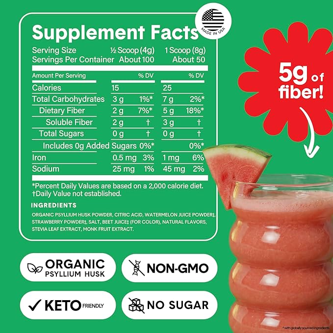 Bellway Super Fiber Powder + Fruit Sugar Free Organic Psyllium Husk Powder Fiber Supplement for Regularity Bloating Relief &amp Digestive Health Plant-Based Strawberry Watermelon (50 Servings)