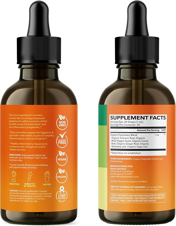 USDA Organic Turmeric Liquid Drops with Black Pepper - 1000mg Curcumin Supplement for Immune &amp Digestive Health - 30 Servings - Enhanced Absorption - Non-GMO Vegan Gluten Free - Unflavored 1 Fl