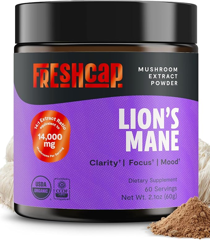 FreshCap Mushrooms Ayurveda Organic Lions Mane Powder 14000mg - Lions Mane Extract Mushroom Supplement for Focus &amp Memory Lions Mane Supplement Powder (60 Servings)