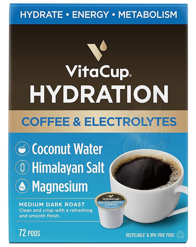VitaCup Hydration Coffee Pods The First Coffee That Hydrates You w/Electrolytes Coconut Water Pink Himalayan Salt Magnesium Medium RoastSingle Serve Pod compatible w/Keurig K-Cup Brewers 72Ct