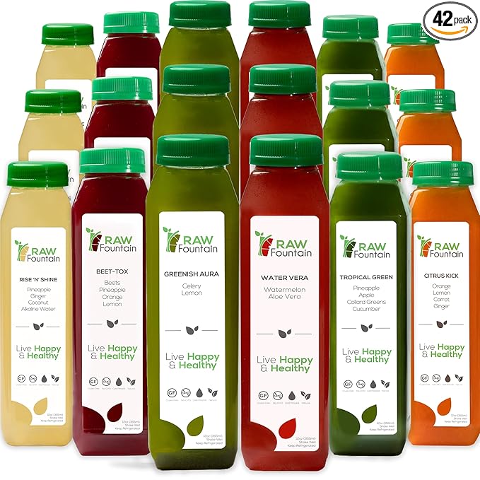 7 Day Juice Cleanse by Raw Fountain Tropical Flavors All Natural Raw Cold Pressed Fruit and Vegetable Juices Detox Cleanse Kosher Vegan NO Sugar Added 42 Bottles 12oz