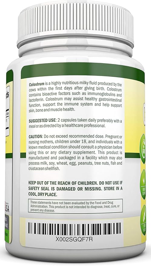 Colostrum - 1000mg - 120 Capsules - 30% IgG - Non-GMO US Dairy - First Milking Bovine Colostrum - Low Heat Processed - Great for GI Tract Health - Immune Support - Bone and Muscle Health