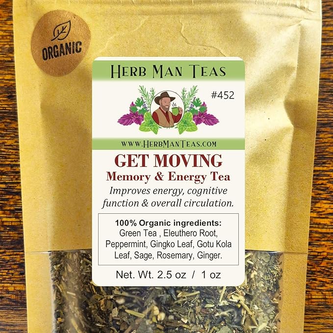 MEMORY &amp ENERGY TEA – Focus &amp Clarity Blend with Ginkgo Biloba Brahmi &amp Green Tea – Organic Non-GMO – Formulated by Master Herbalist Khabir