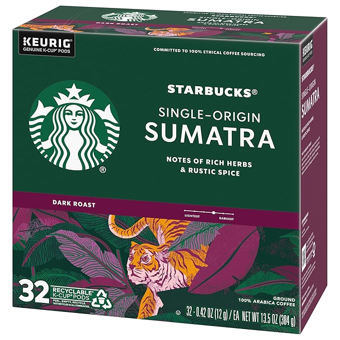 Starbucks Coffee K-Cup Pods Sumatra Single-Origin Coffee Dark Roast Ground Coffee Keurig Genuine K-Cup Pods 32 Count (Pack of 4)