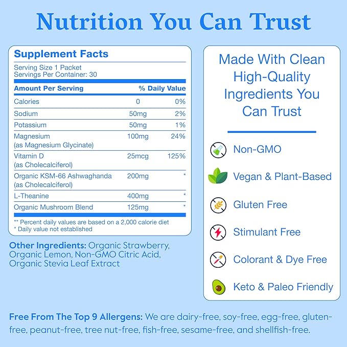 Nectar Calm Magnesium Glycinate Drink Mix - Sugar Free &amp Zero Calorie - with Organic Ashwagandha Vitamin D L-Theanine Hydrating Electrolytes - Relax Focus &amp Calm - Non-GMO (Berry 30 Sticks