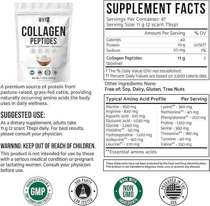 Bovine Collagen Peptides Powder Hydrolyzed Type I &amp III Protein Grass-Fed Pasture-Raised Source Unflavored Collagen Supplement Paleo-Friendly For Active Lifestyles &amp Wellness Non-GMO1.16 lb