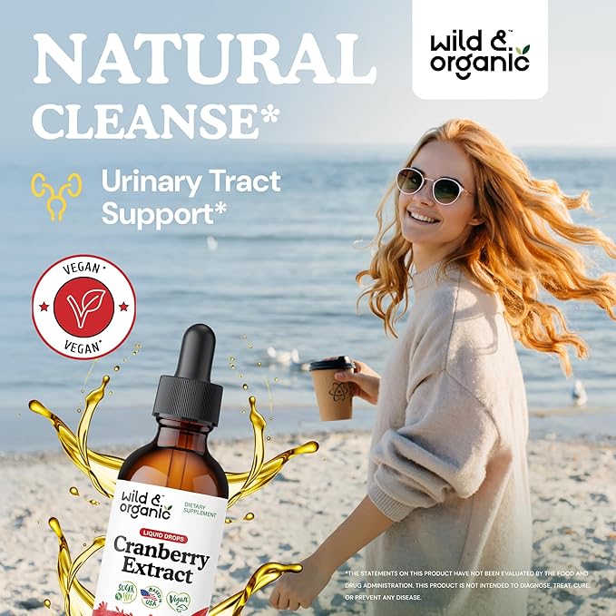 Wild &amp Organic Cranberry Supplement Drops 12500 mg - Urinary Tract Support for Women &amp Men - Pure Cranberry Extract Liquid Supplement - Vegan Sugar &amp Alcohol-Free Tincture - 2 fl oz