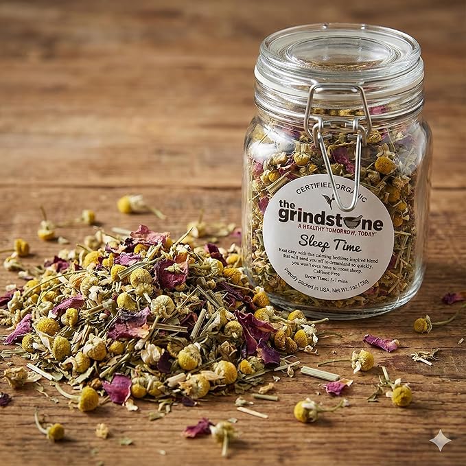 Grindstone Organic Sleep Time Tea – Herbal Infusion with Valerian Root Chamomile &amp Lemon Balm – Loose Leaf Tea in PET Kilner Jar – Relaxing Bedtime Blend – Pack of 2