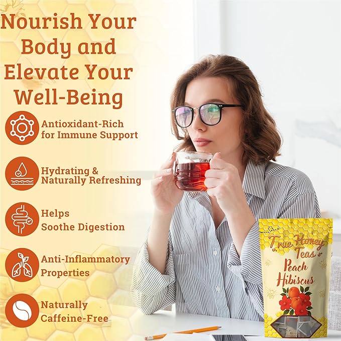 True Honey Teas Peach Hibiscus Tea Bags - All Natural Organic Rooibos with Dried Peach Juice - Herbal Caffeine-Free Blended with Honey Crystals - 24 Count