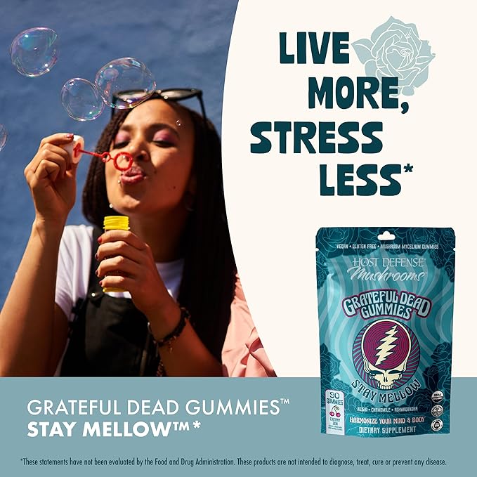 Host Defense Stay Mellow Grateful Dead Gummies - Reishi Mushroom Gummies with Ashwagandha Chamomile &amp Lions Mane - Support for Stress Reduction and Relaxation (30 Servings)