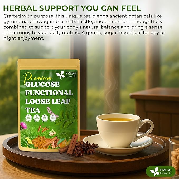 FreshDrinkUS Glucose Functional Loose Leaf Tea | 4oz | Herbal Blend of Gymnema Milk Thistle Dandelion Root Cinnamon &amp Ashwagandha – Naturally Caffeine-Free Premium Quality Balanced Flavor. V