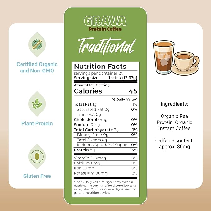 Grava Organic Plant Protein Coffee Sticks Traditional Unsweetened - 8g Plant Protein 80mg Caffeine - USDA Organic Non-GMO &amp Fair Trade - Gluten Free &amp Vegan - Single Serve Packet 20 Serving