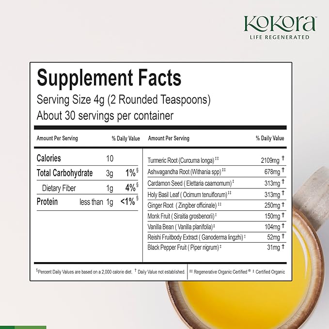 Kokora Golden Milk Bliss - Relax Restore Calm the Mind* - Regenerative Organic Certified Turmeric Ashwagandha Holy Basil &amp Ginger - Vegan Non-GMO No Added Sugar - 120g - 30 Servings