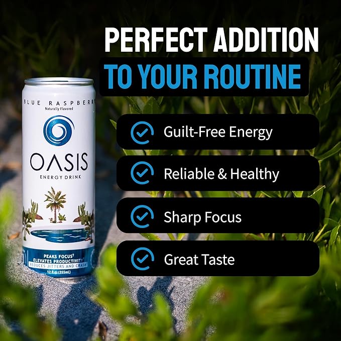 Oasis Energy Drink - Blue Raspberry (12-Pack) Smooth Clean Energy with Focus-Boosting Nootropics Zero Sugar Low-Calorie Vegan Gluten-Free Juicy Fruity Flavor Perfect for Work &amp Daily Workout