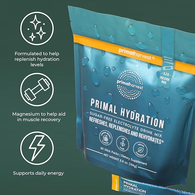 Primal Harvest Electrolytes Powder Packets Primal Hydration Easy Open Packets Energy Drink Mix (Lemon Berry 30 Packs) (1 Bag)
