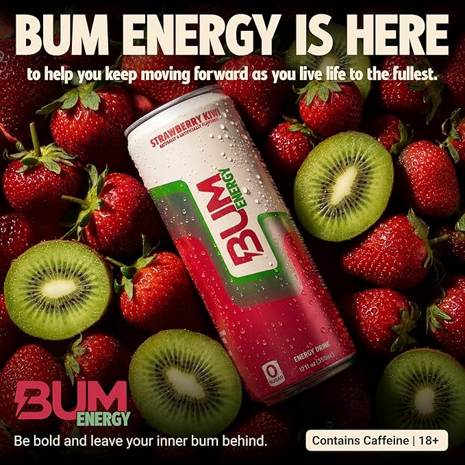 BUM Sugar-Free Energy Drink Strawberry Kiwi - Lightly Carbonated and Gluten Free with 112mg of Natural Caffeine &amp Nootropics for Energy &amp Focus Brain Boost Preworkout - 12 Fl Oz Pack of 12