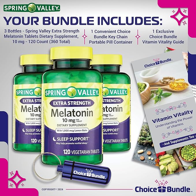Spring Valley Extra Strength Melatonin Tablets with Lemon Balm Dietary Supplement for Support 10 mg 120 Ct 3 pk (360 Total) + Vitamin Vitality &amp Pill Container (5 Items)!