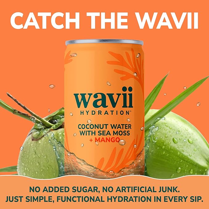 Wavii Hydration Organic Coconut Water with Organic Sea Moss plus Mango 11 fl oz Cans Pack of 12 – Clean Refreshing Hydration with Naturally Occurring Electrolytes No Added Sugar Non-GMO