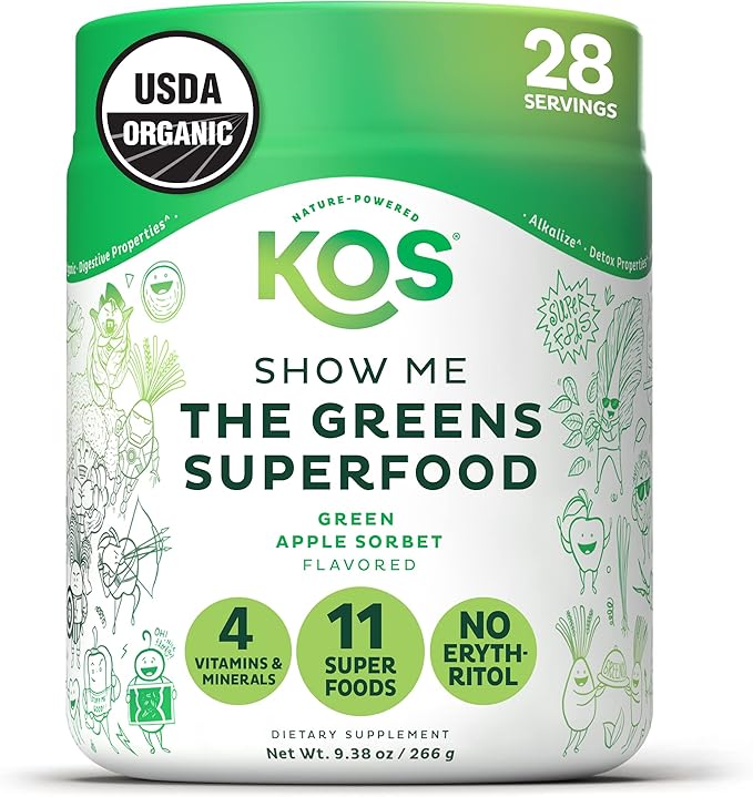 KOS Organic Super Greens Powder Erythritol Free - Plant Based Superfood Blend with Spirulina Chlorella &amp Wheatgrass - USDA Certified Organic Green Juice Smoothie - Apple Flavor - 28 Servings