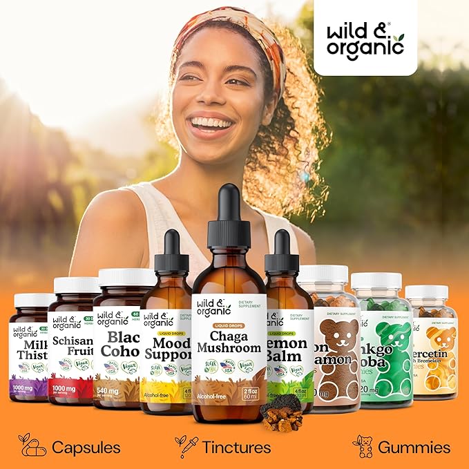Wild &amp Organic Chaga Mushroom Tincture - Immune Support with Chaga Mushroom Extract Liquid - Immunity Drops Supplement - Vegan Sugar &amp Alcohol-Free - 2 fl oz