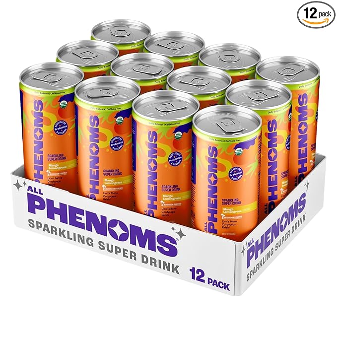 All Phenoms Daily Balance Sparkling Organic Prebiotic &amp Probiotic Drink - Adaptogen Mushroom Blend (500mg of Lions Mane &amp Reishi) Vit C Zinc (Non-Caffeinated No Stevia) - Mango Lemongrass