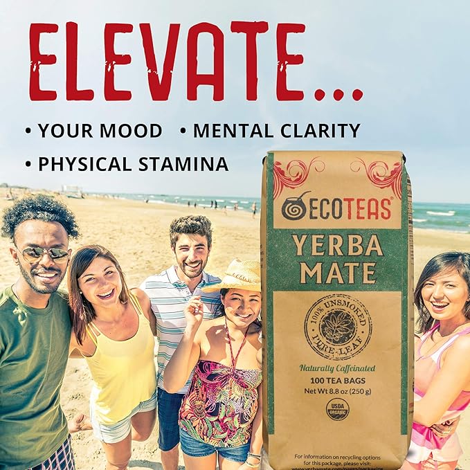 ECOTEAS Premium Organic Yerba Mate Tea Bags – Natural Energy &amp Detox Herbal Tea – Coffee Alternative - Kosher Non-GMO Gluten-Free - 100 Unsmoked Bulk Bags 8.8 oz (Pack of 1)