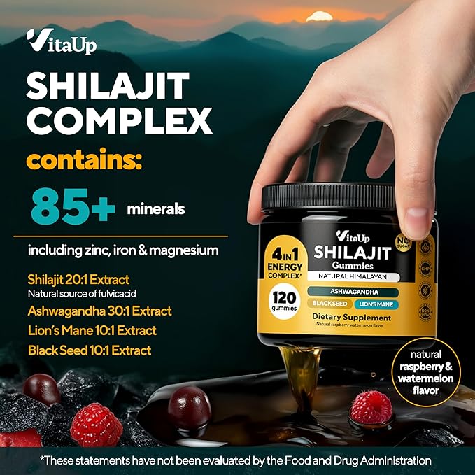 Himalayan Shilajit Gummies - Sugar Free Natural Shilajit Gummies with Fulvic Acid Ashwagandha Lions Mane Black Seed - Immune &amp Energy Support - 120 Count