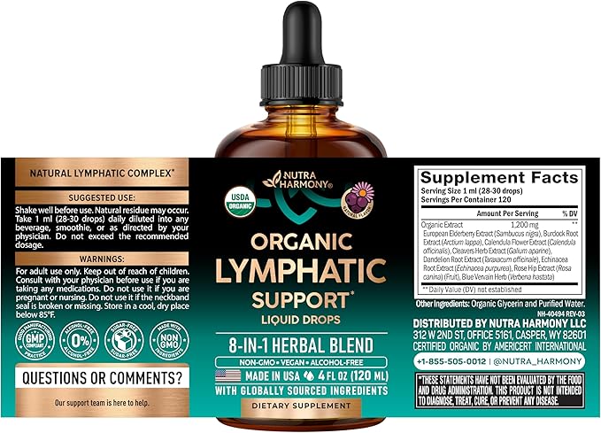 USDA Organic Lymphatic Drainage Supplement - Echinacea | Elderberry | Dandelion | Rosehip | Cleavers | Calendula | Burdock - Made in USA - Lymph System Drops - Immune Support Cleanse &amp Detox 4 f