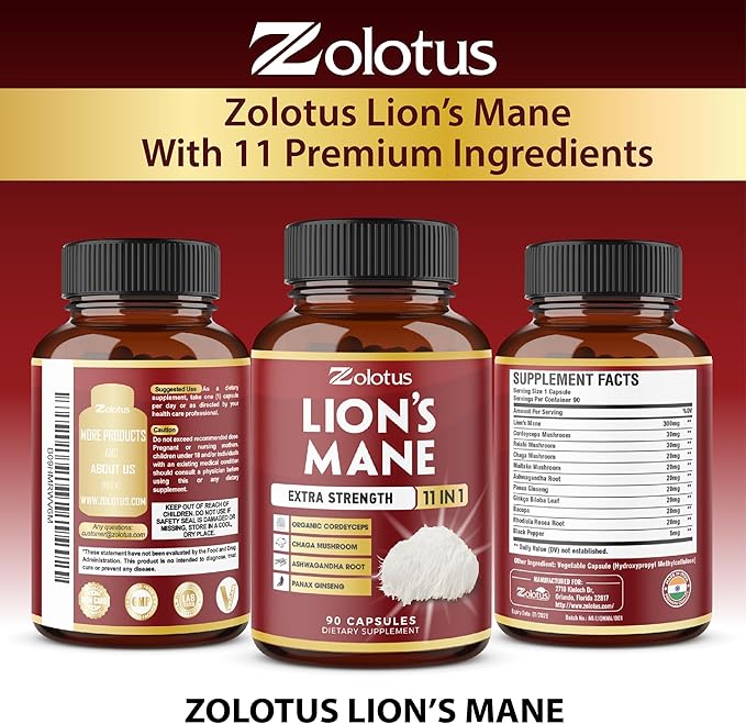 Zolotus 2 Packs 90 Capsules Lions Mane Mushroom Supplement 6 Month Supply with Cordeyceps Reishi Ashwagandha Focus Memory and Brain Support Supplement Immune Support Energy Pills