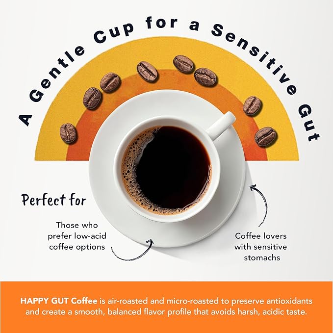 Happy Gut Coffee - Doctor-Formulated Organic Medium-to-Dark Roast Coffee - Gut-Friendly - Gentle on Stomach - Rich Flavor Gluten-Free No Bitterness - 12oz - SMOOTH - Whole Bean