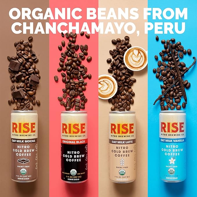RISE Brewing Co. | Nitro Cold Brew Coffee | Gluten-Free Vegan | Organic &amp Non-GMO | 3x Original Black 3x Oat Milk Latte 3x Oat Milk Mocha 3x Oat Milk Vanilla Latte 7 Fl Oz (Pack of 12)