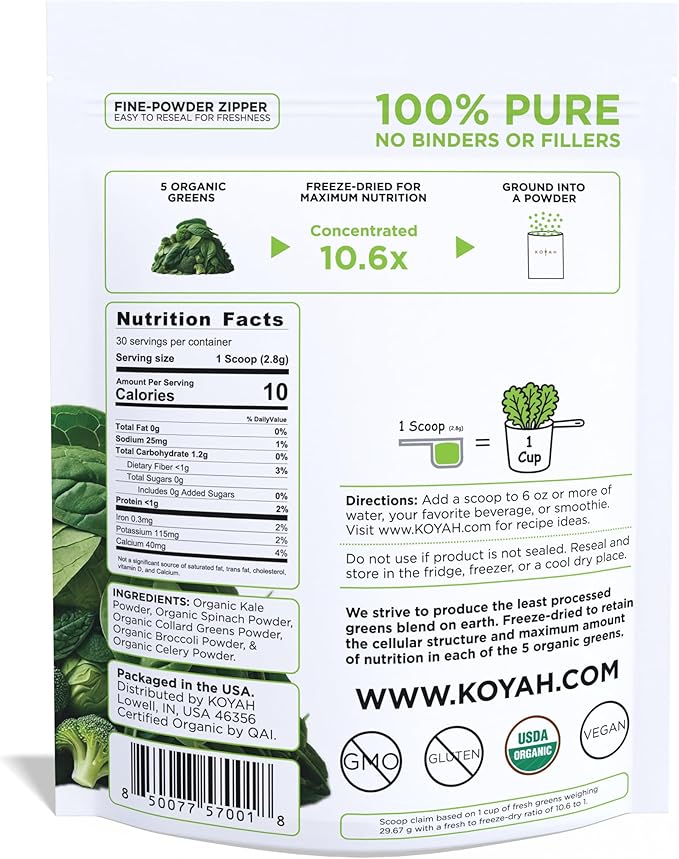 KOYAH - Organic Greens Blend Powder (Equivalent to 30 Cups Fresh Greens): Freeze-Dried Whole-Vegetable