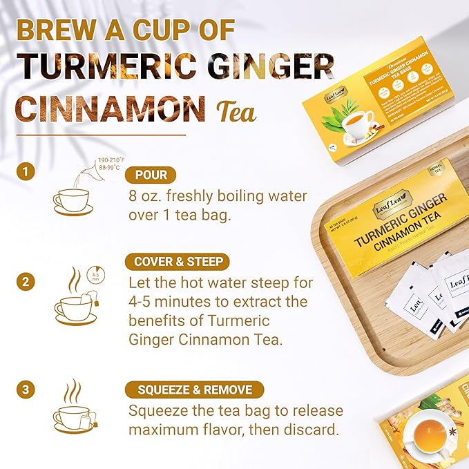 LeafLea Turmeric Ginger Cinnamon Tea 120 Individually Wrapped Tea Bags 100% Natural Herbal Blend with Pure Ginger and Turmeric Supports Digestion &amp Immune Health Caffeine-Free No Sugar