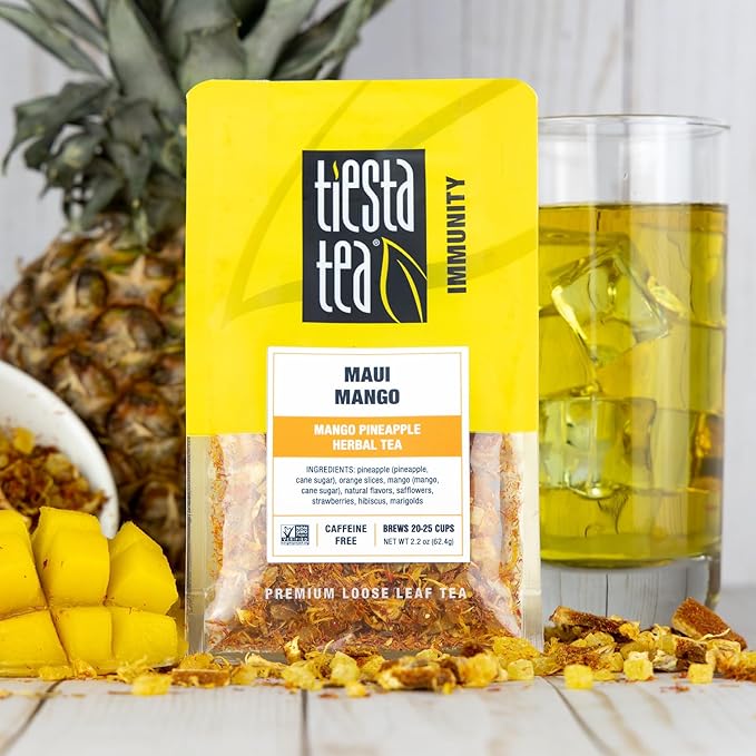 Tiesta Tea - Maui Mango Herbal Tea and Brewbasket Infuser Bundle Mango Pineapple Herbal Tea Non-Caffeinated Fruit Blend 5oz Reusable Stainless Steel Strainer